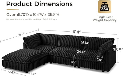 KKL Modular Sectional Couch for Living Room, L Shaped Corduroy Couches with 1 Ottomans, 4 Seater Oversized Sofa, Soft Fabric Modern Sofa, Black