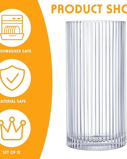 Zhehao 12 Pcs Ribbed Drinking Glasses Set 9 oz 12 oz Glass Cups Vintage Glassware Ribbed Cocktail Cup Clear Ice Coffee Highball Ripple Drinkware for Home Bar Beverages