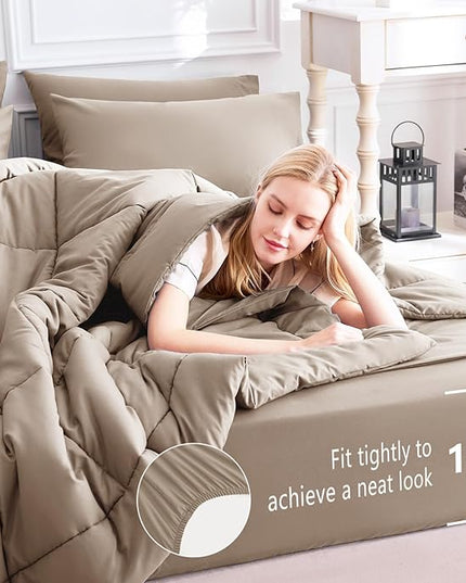 CozyLux Full Size Comforter Sets Khaki, 7 Pieces Bed in a Bag, Khaki Comforter Full Size, All Season Bedding Sets with Stitch Quilted Comforter, Flat Sheet, Fitted Sheet, Pillowcases