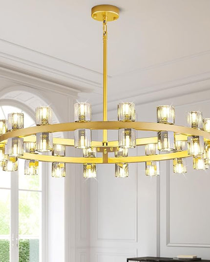 36-Light Large Gold Chandeliers for High Ceilings, 36 Inch Modern Crystal Wagon Wheel Chandelier, Farmhouse Industrial Round Chandelier Pendant Lighting Fixture for Dining Living Room Kitchen