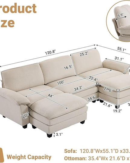 VINGLI 121" Cloud Couch, Comfy Modular Sectional Sofa Set for Living Room,Modern Linen 3-Seat Convertible Loveseat Sofa with 2 Ottoman for Small Space.（Beige）