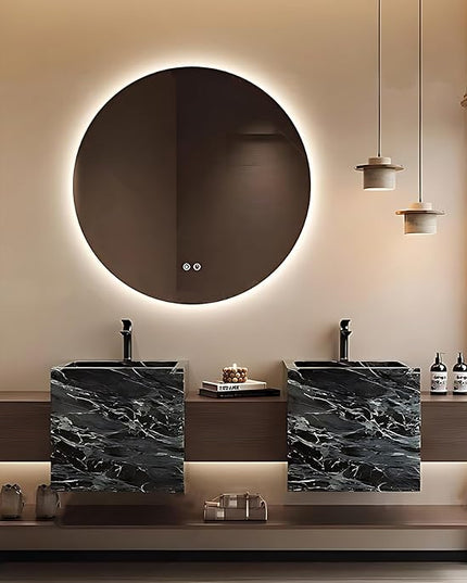 84IN Bathroom Vanity - Double Sink Bathroom Vanities with 3 Drawers, Include Smart Mirror with LED Lights & Defogging Function | Solid Wood Bathroom Cabinet with Open Style Shelves, Brown+Black