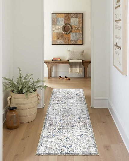 jinchan Kalen Runner Rug 2x5 Washable Hallway Rug Vintage Indoor Thin Retro Floor Cover Distressed Floral Country Lightweight Non Slip Carpet for Entryway Bathroom Kitchen Bedroom Living Room Blue