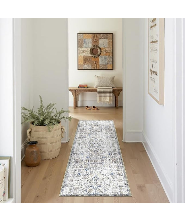 jinchan Kalen Runner Rug 2x5 Washable Hallway Rug Vintage Indoor Thin Retro Floor Cover Distressed Floral Country Lightweight Non Slip Carpet for Entryway Bathroom Kitchen Bedroom Living Room Blue
