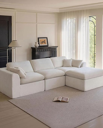 115''Cloud Sectional Couch, Modern L-Shape Sofa with Ottoman, Oversized Convertible 3 Seater Modular Couches for Living Room, Warm White