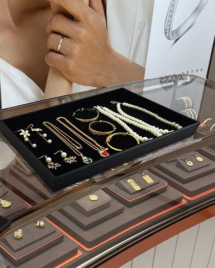 Jewelry Tray Black Velvet Stackable Jewelry Display Tray Storage Organizing Trays Empty Plate (13.78" L x 9.45" W x 1.18" H in) (1)