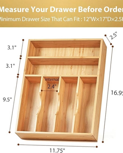 Umilife Kitchen Drawer Organizer, 12 Inch Silverware Utensil Tray Holder, Extra Deep, with Non-Slip Feet & Grooved Drawer Divider, 6 Slots Total Bamboo Wood Caddy for Flatware Cutlery Knives