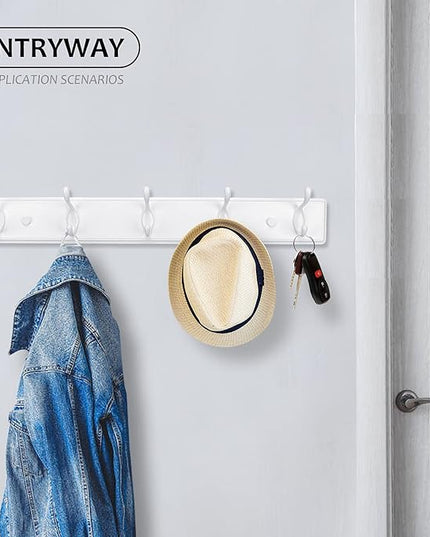 Wooden Coat Rack, Wall-Mounted Organizer for Closet, Entryway, Hallway, Foyer, Bedroom, Heavy Duty Double Hooks for Hanging Towels, Bags, Hats, Jackets, Key (White, 5 Hooks)
