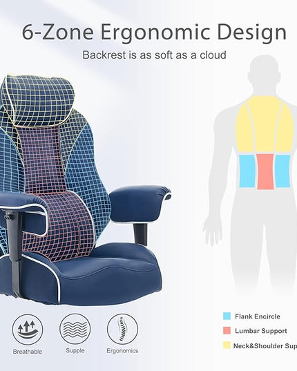 DJ·Wang Big and Tall Office Chair with Foot Rest, High Back Executive Office Chair PU Leather, Ergonomic Chairs with Lumbar Support, 135° Reclining Chairs with Thickened Spring Cushion Blue