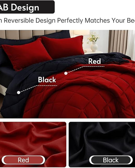 MUXHOMO 7 Pieces King Comforter Set, Reversible Bed in a Bag King Size, All Season Bedding Set with Comforter, Flat Sheet, Fitted Sheet, Pillowcases & Shams, Red & Black