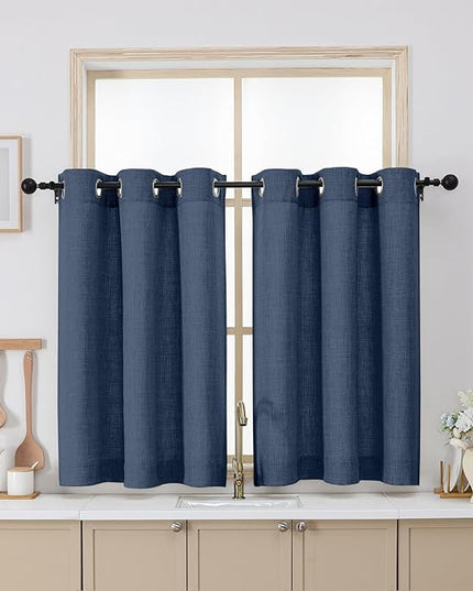 Chyhomenyc Blue Curtains 36 Inch Length, Light Filtering Faux Linen Textured Small Kitchen Window Curtains Over Sink, Thick Grommet Short Cafe Curtain for Cabinet Bathroom Basement, 40Wx36L, 2PCS