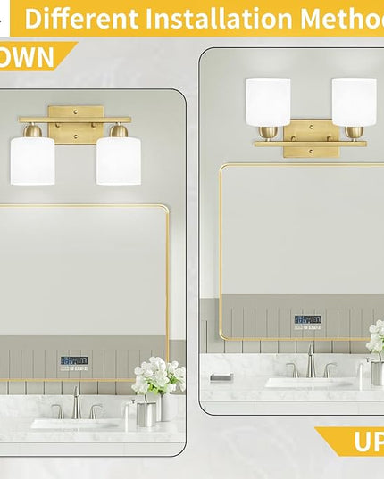 2 Light Bathroom Vanity, Bathroom Lights Over Mirror with Milky White Frosted Glass Shades, Gold Vanity Light for Mirror Living Room Bedroom Hallway E26 Base