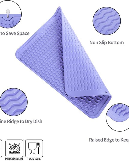 Silicone Dish Drying Mat for Multiple Usage,Easy clean,Eco-friendly,Heat-resistant Silicone Mat for Kitchen Counter or Sink,Refrigerator or drawer liner Light Purple L 16 inches x 12 inches
