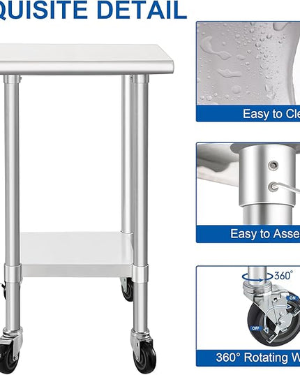 HARDURA Stainless Steel Commercial Table Prep & Work Table with Casters Heavy Duty Metal Table with Wheels NSF 430 18×24 Inches