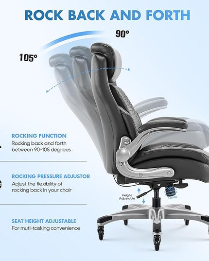 COLAMY Office Ergonomic Desk High Back Executive Chair with Pop-Out Lumbar Support, Upgraded Casters, Adjustable Headrest, Flip-Up Arms, Leather Home with Thick Cushion for Comfort - Black