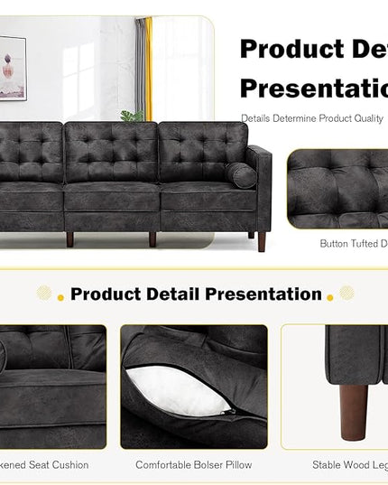 84" Suede Leather 3 Seater Sofa with Two Bolster Pillows, Tufted Sofa with Wooden Legs, Mordern Couch for Living Room, Office, Apartment, Black
