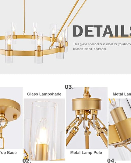 60 Inch Gold Wagon Wheel Chandelier with Glass Shade, 30 Lights, 2 Tier Round Modern Farmhouse Chandelier, High Ceilings Pendant Lighting Fixture for Dining Room, Living Room, Kitchen, Foyer