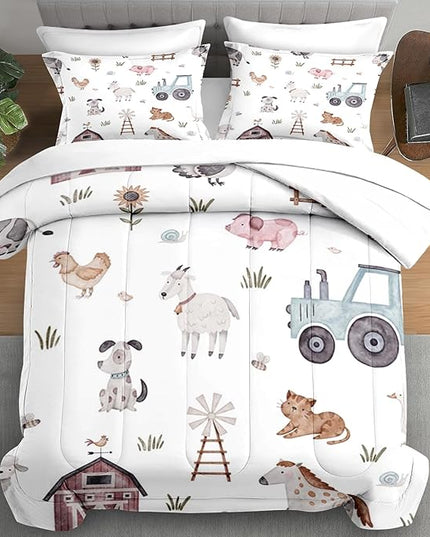 Comforter Set Twin Size, Farm Animal Cow 5 Pcs Bedding for Kids and Adults, Autumn Cute Tractor Bed Sheet Sets with Fitted Sheet Pillowcase & Sham for Bedroom Bed Decor