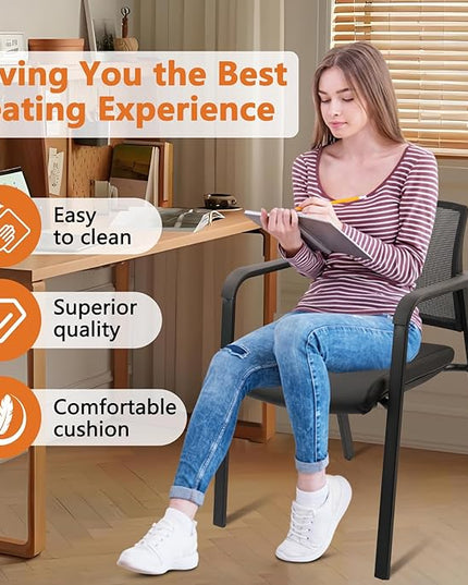 CLATINA Stackable Office Chair, Mesh Back Guest Chairs with Comfortable Leather Seat Arms Stacking Ergonomic Desk Chair No Wheels for Conference Waiting Reception School Stationary, Black, Set of 2