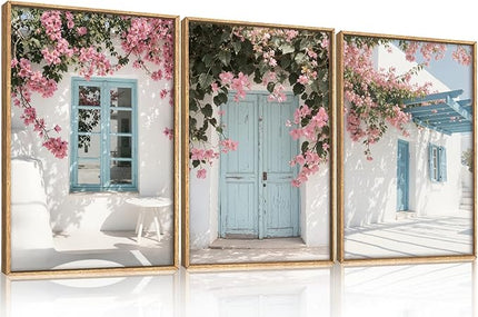 HOURIA Modern Greek Island Cityscape Framed Canvas Wall Art Set,European White House Blue Door Shutter Landscape Wall Decor,Santorini Natural Pink Flower Artwork for Living Room, Bedroom-16 x24 x3