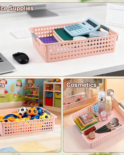 4 Pack Turn in Trays Classroom, Classroom Organization, Plastic Storage Paper Tray Holds, Storage Baskets with Handles, Paper Trays for Classroom Office Home Drawers, Pink