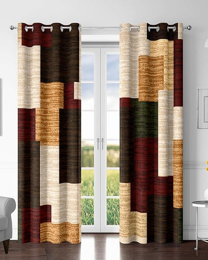 Brown Red Vintage 100% Blackout Curtains for Bedroom 96 inch Length 2 Panels Set Modern Abstract Geometric Black Out Curtains Insulated Room Darkening Window Drapes forLiving Room, 52Wx96L