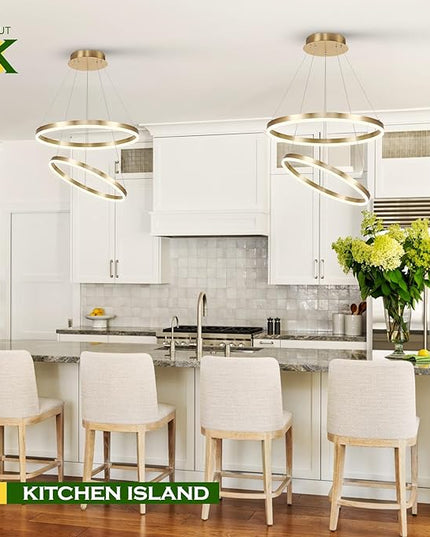 2-Rings Modern LED Chandelier Gold for Dining Room, Circular Flush Mount Ceiling Chandelier Light Dimmable Pendant Light with Remote Control for Living Room Entrance Foyer, 3000K-6500K