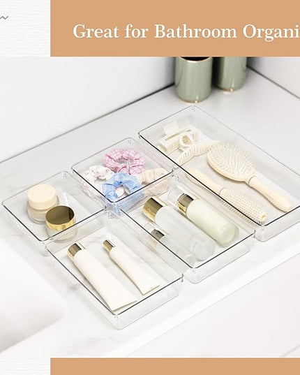 Criusia Drawer Organizer, 12 Pack Clear Plastic Kitchen Drawer Organizers Set,4-Size Versatile Bathroom and Vanity Organizer Trays,Storage Bins for Makeup, Bathroom, Jewelries and Office
