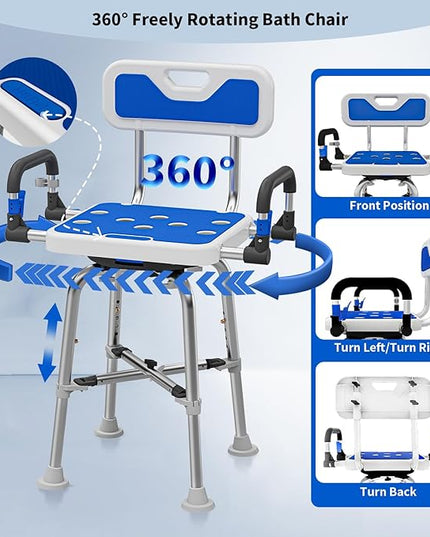 Swive Shower Chair with Arms and Back Heavy Duty 500 lbs for Seniors Elderly Disabled or Bariatric Adults Bench Seat for Inside Shower Stall and Bathroom Bath Tub Seats Adjustable Stool