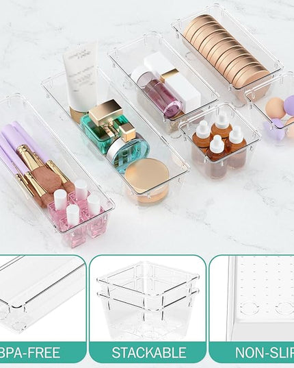 WOWBOX 6 Pack Clear Drawer Organizer Set, Acrylic Drawer Storage Trays, Storage Bins for Makeup, Cosmetics, Jewelries, Utensils, Gadgets, Office