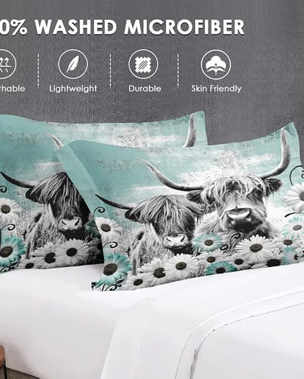 Comforter Set Twin Size with Pillowcase, Highland Cow Animal 2 Pcs Bedding for Kids and Adults, Farm Daisy Soft Comforter Set for Bedroom Bed Decor