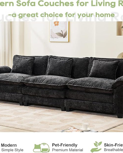 120" Modular Sectional Sofa, Comfy Cloud Couch Sectional Sofa, Chenille Sofa Sleeper Deep Seat Sofa with Throw Pillows for Living Room (Black, 120"- 3 Seater)