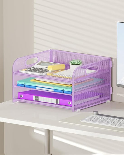 3 Tier Paper Organizer with Handle, Metal Desk Organizer Mesh Paper Letter Tray Desktop File Folder Document Sorter for Classroom, School, Office Accessories Organization and Storage - Purple