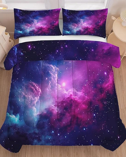Galaxy Comforter Sets Queen Size Purple Outer Space Bedding Set for Teen Girls Boys Kids Children Bedroom Dorm Quilt 1 Comforter + 2 Pillow Cases