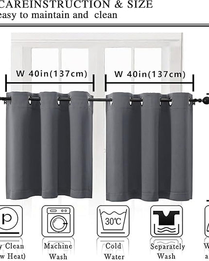 Simplebrand Grey Short Kitchen Curtains 24 Inch Length 2 Panels Set, Small Windows Room Darkening Curtain for Bathroom, Cabinet, Basement, RV Camper, Thermal Insulated Short Drapes, 40 x 24 Inch