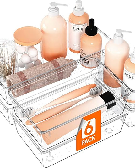 Lifewit 6 Pcs Large Bathroom Drawer Organizers, 3 Sizes Clear Plastic Storage Organizer Trays for Make Up, Kitchen Utensils, Vanity Accessories in Bathroom/Office/Dresser Organization