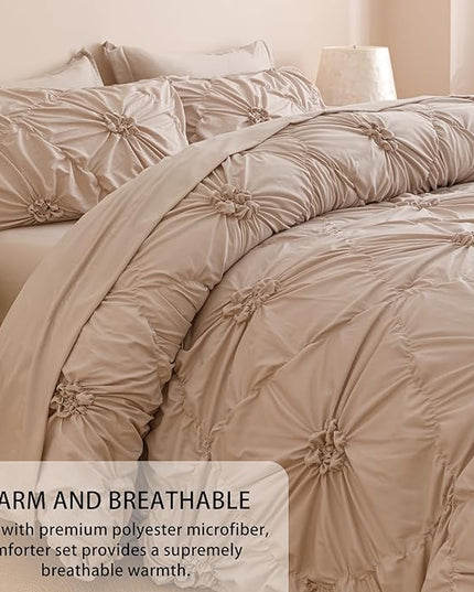 Khaki King Comforter Set - 7 Pieces Bed in a Bag, Premium Comforters King Size Bed Set Pintuck Pinch Pleat Complete Comforter Set with Flat Sheet, Fitted Sheet and Pillowcases,Khaki