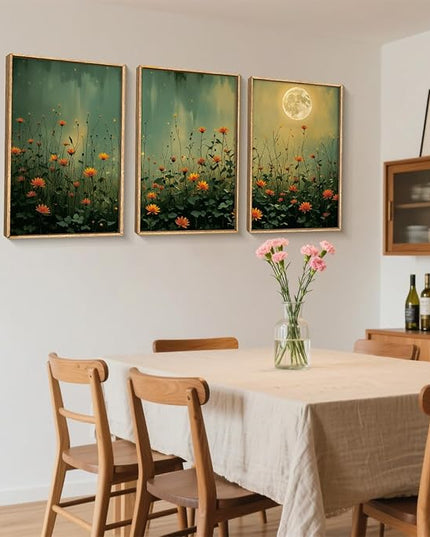 HOURIA Mystical Midnight Wildflower Framed Canvas Wall Art Set,Moonlit Orange Floral Wall Decor,Nature Inspired Landscape Artwork,Watercolor Art Prints for Living Room,Bedroom,Farmhouse-24 x36 x3