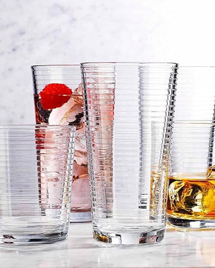 Drinking Glasses - Set of 8 Glass Cups, 4 Highball Glasses (17oz) 4 Rocks Glasses (13oz) Ribbed Glasses for Mixed Drinks, Water, Juice, beer, Wine, Excellent Gift!