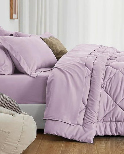 Love's cabin Twin Comforter Set Light Purple, 5 Pieces Twin Bed in a Bag, All Season Bedding Sets with 1 Comforter, 1 Flat Sheet, 1 Fitted Sheet, 1 Pillowcase and 1 Pillow Sham