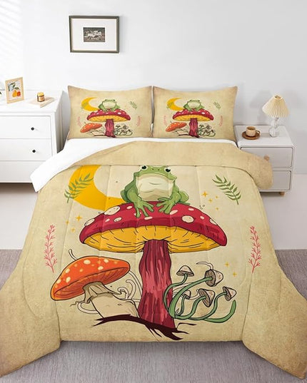 Mushroom Kids Comforter Set Full Size,Frog Plants Botanical Colorful Bedding Set,Girls Boys Adults Bedroom Decor,Sun Moon Starry Sky Down Comforter,Brown Rustic Retro Duvet Insert,2 Pillowcases