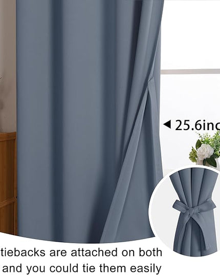 JIUZHEN Dusty Blue Blackout Curtains with Tiebacks Thermal Insulated, Light Blocking and Noise Reducing Grommet Curtains for Bedroom and Living Room, Set of 2 Window Curtain Panels, 60x63 Inch Length
