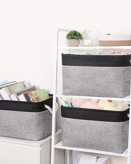 TheWarmHome Organization and Storage Basket for Shelves - 20x16x14 inch Jumbo 3 Pack Collapsible Storage Bins for Organizing, Fabric Storage Cubes for Organizer Gift Toy Closet (Black & Grey)