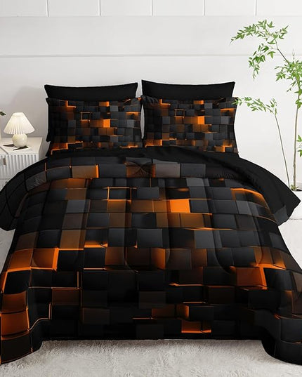 Geometric Yellow Black Queen Comforter Set,Light Honeycomb Bedding Set 7 Piece in A Bag,Bed Sheet Set Geometry Decor,Microfiber Lightweight All Season