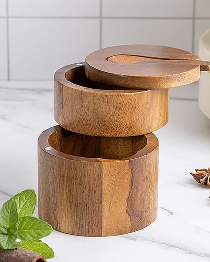Salt Cellar – Pepper Container with Magnetic Swivel Lid Wooden Coffee and Sugar Storage Cellar Bowl with Spoon, Ideal for Seasoning, Cooking, Dining Table, Kitchen Countertop 3.54in