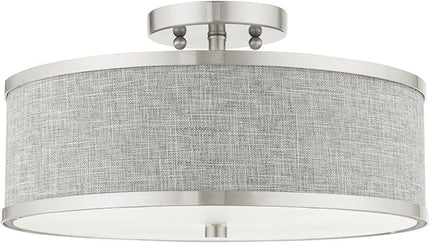 Livex Lighting 60423-91 Park Ridge Collection 3-Light Semi Flush Mount Ceiling Light with Oatmeal Color Hardback Fabric Shade, Brushed Nickel, 15 x 15 x 8