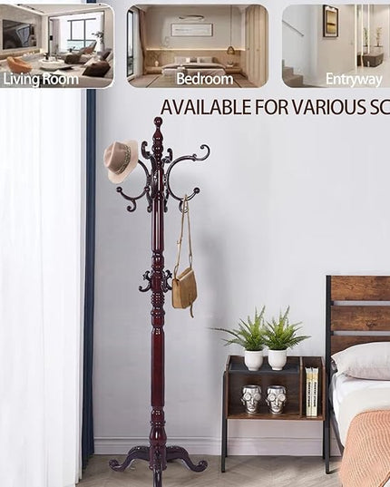 Wooden Coat Racks, Retro 78" Coat Tree with 12 Hooks & Stable Triangular Base, Entryway Coat Rack Freestanding for Hat, Clothes, Scarves, Handbags, Umbrella (Mahogany)