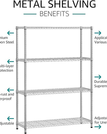 IZEUK 4-Tier Adjustable Heavy Duty Metal Wire Shelving Unit, Wide Storage Rack Organizer for Garage, Kitchen, Office, Dorm, Warehouse (Silver, 15.8" D x 45.8" W x 59.4" H, 1400 lbs Capacity)