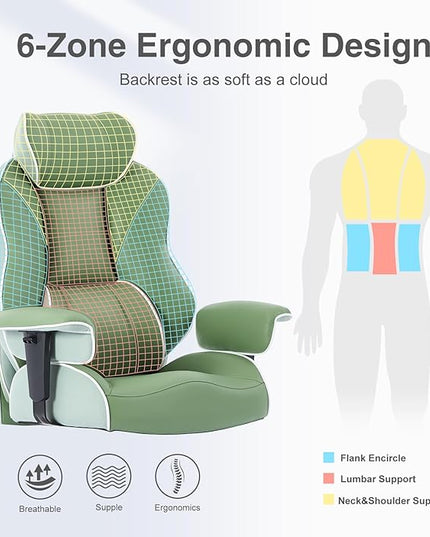 DJ·Wang Big and Tall Office Chair with Foot Rest, High Back Executive Office Chair PU Leather, Ergonomic Chairs with Lumbar Support, 135° Reclining Chairs with Thickened Spring Cushion Green