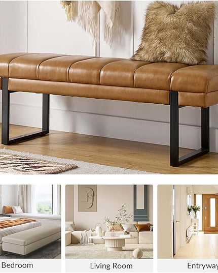 HULALA HOME 53" Faux Leather Entryway Bench, Button Tufted End of Bed Bench Ottoman for Bedroom, Living Room with Metal Base,Camel